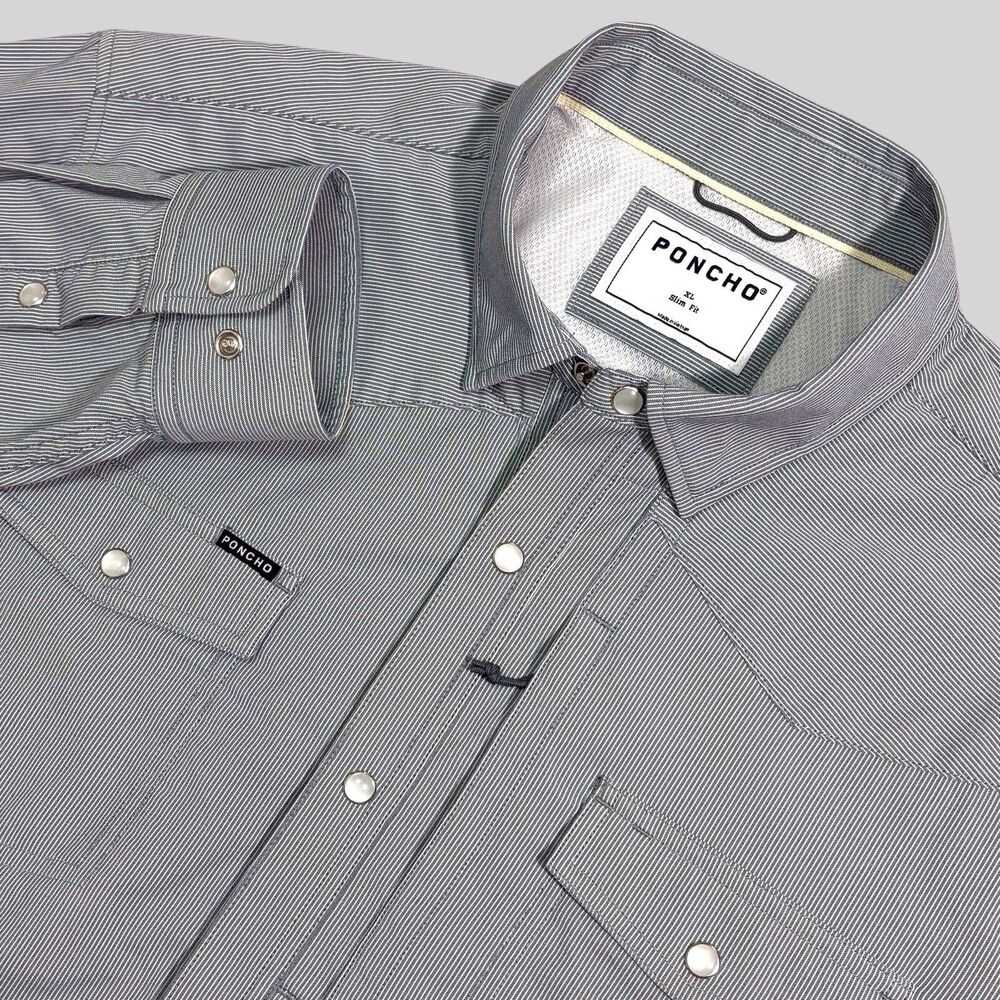 Poncho Pearl Snap Western Shirt Mens XL Slim Fit Gray Striped Vented Performance